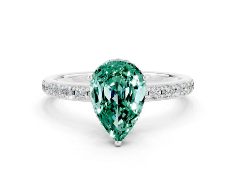 White gold Pear Cut Green Sapphire Solitaire Ring with Pavé Band and Hidden Halo