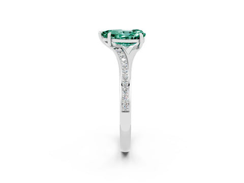 White gold Pear Cut Green Sapphire Solitaire Ring with Pavé Band and Prong Setting_14