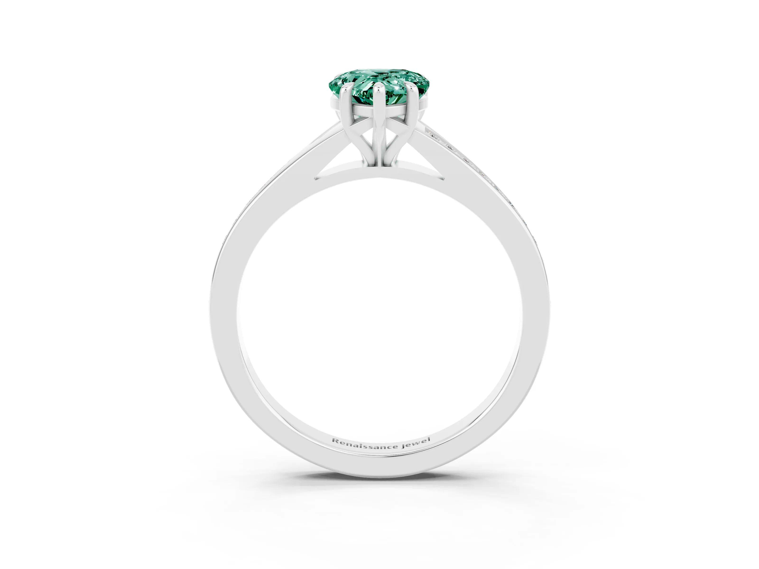 White gold Pear Cut Green Sapphire Solitaire Ring with Pavé Band and Prong Setting_3