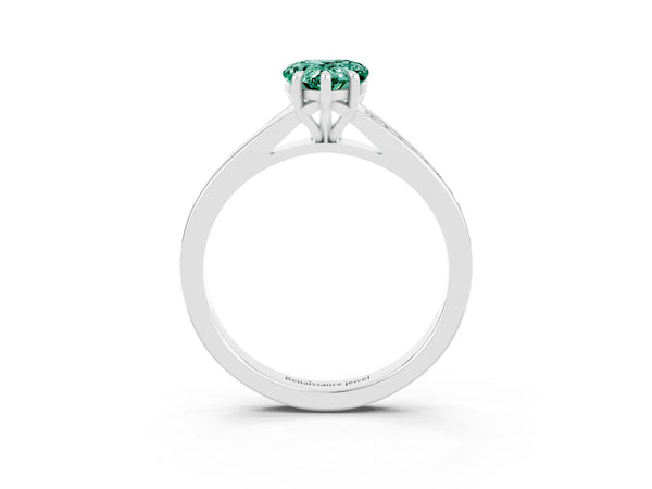 Silver Pear Cut Green Sapphire Solitaire Ring with Pavé Band and Prong Setting