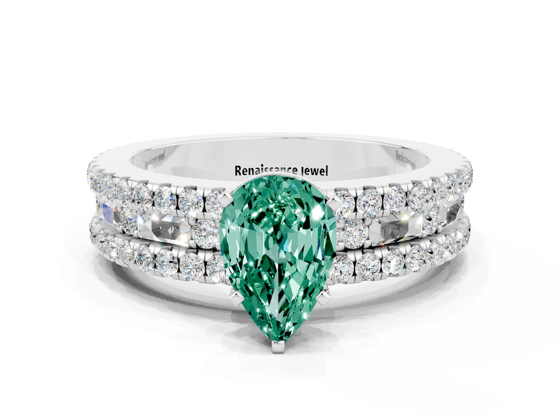 White gold Pear Cut Green Sapphire Solitaire Ring with Pavé and Channel Set Band
