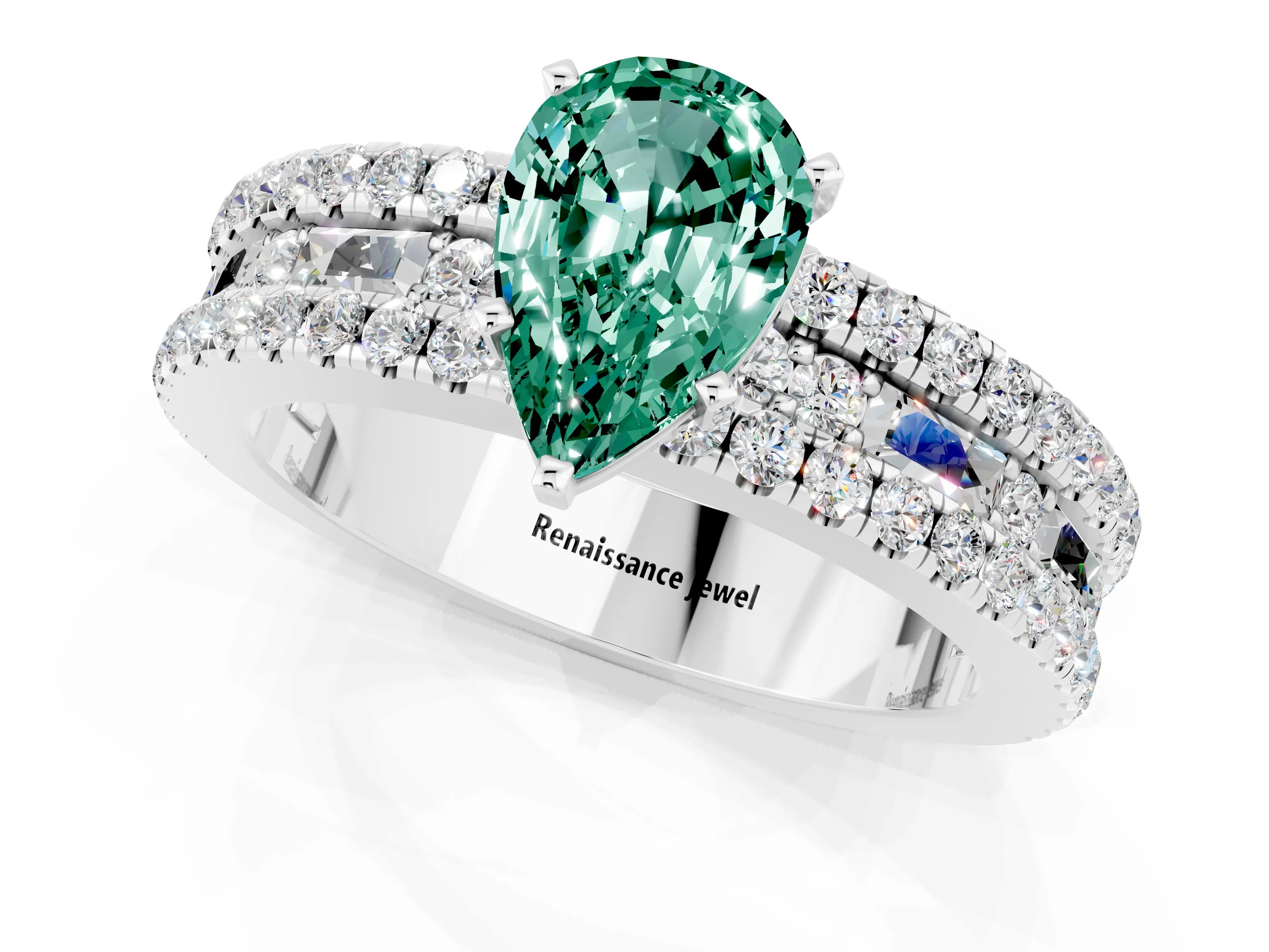 White gold Pear Cut Green Sapphire Solitaire Ring with Pavé and Channel Set Band_1