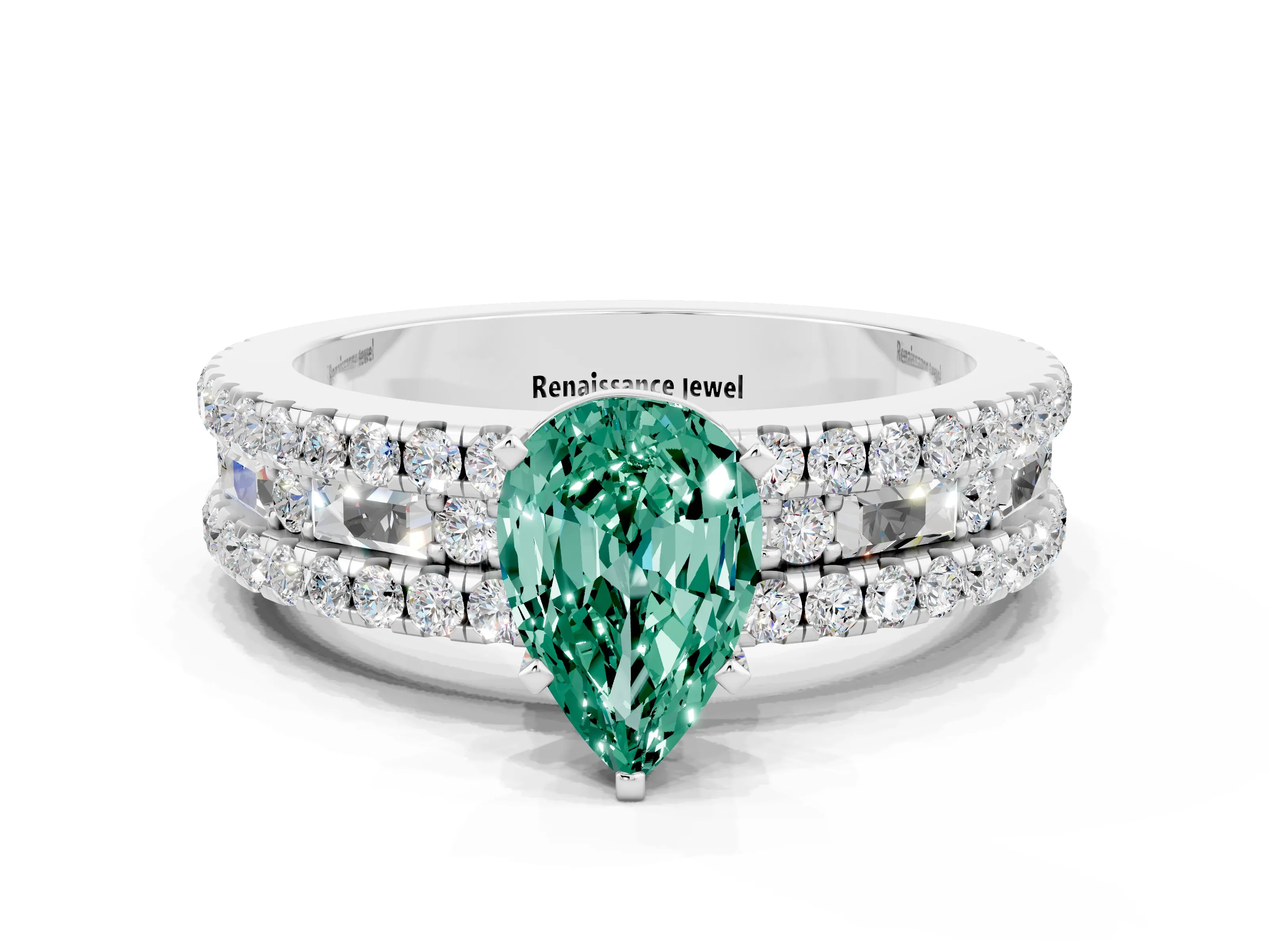 White gold Pear Cut Green Sapphire Solitaire Ring with Pavé and Channel Set Band