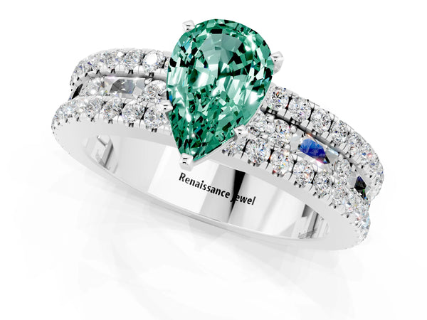 White gold Pear Cut Green Sapphire Solitaire Ring with Pavé and Channel Set Band