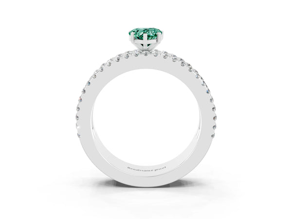 Platinum Pear Cut Green Sapphire Solitaire Ring with Pavé and Channel Set Band