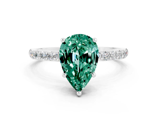 Platinum Pear Cut Green Sapphire Solitaire Ring with Round  Pavé Band and Prong Setting