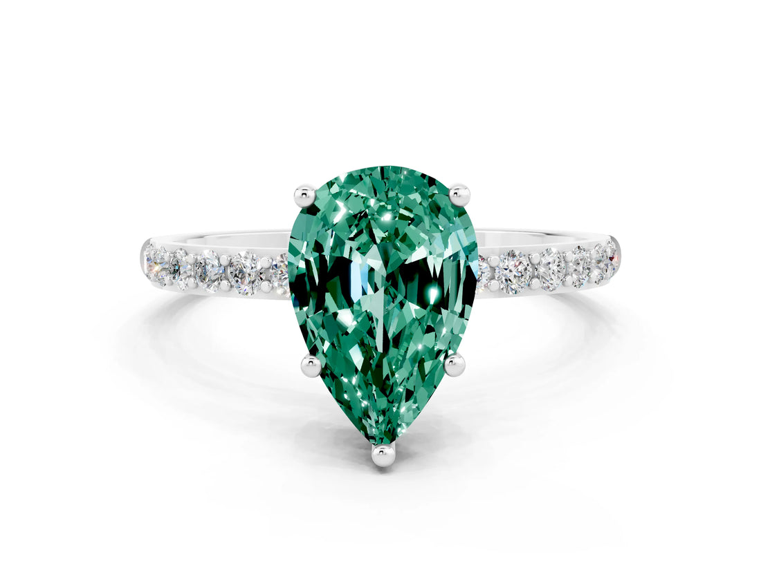 White gold Pear Cut Green Sapphire Solitaire Ring with Pave Band and Four Prong Setting_24