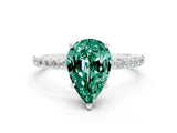 White gold Pear Cut Green Sapphire Solitaire Ring with Pave Band and Four Prong Setting_24