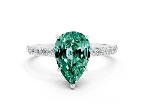 White gold Pear Cut Green Sapphire Solitaire Ring with Pave Band and Four Prong Setting_24