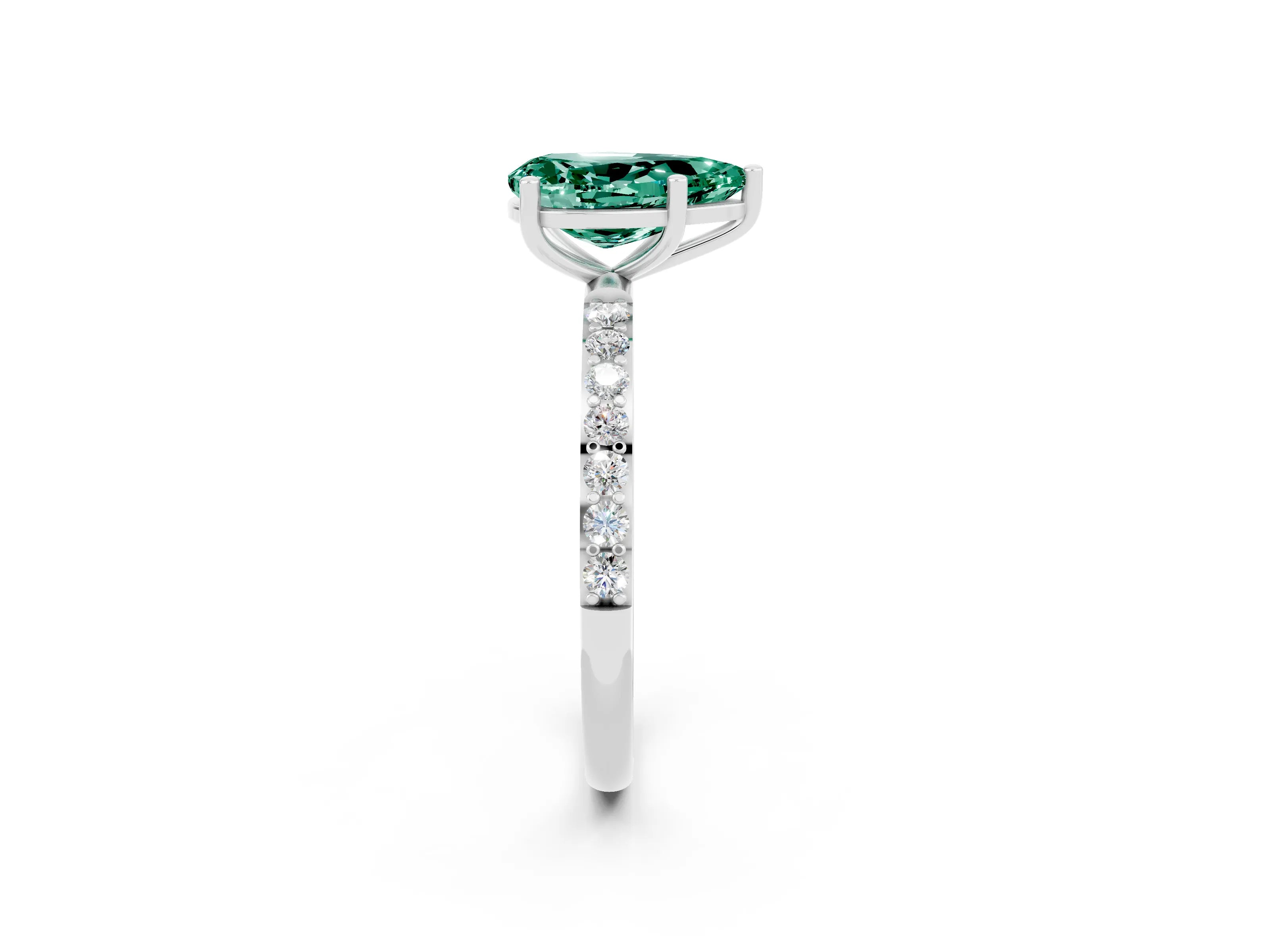 White gold Pear Cut Green Sapphire Solitaire Ring with Pave Band and Four Prong Setting_26