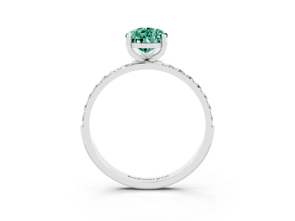 Platinum Pear Cut Green Sapphire Solitaire Ring with Round  Pavé Band and Prong Setting