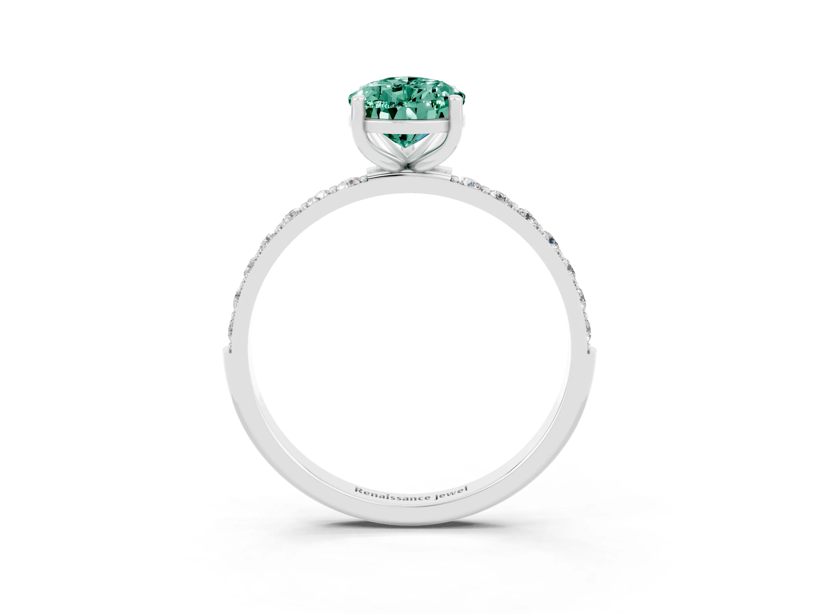White gold Pear Cut Green Sapphire Solitaire Ring with Pave Band and Four Prong Setting_27