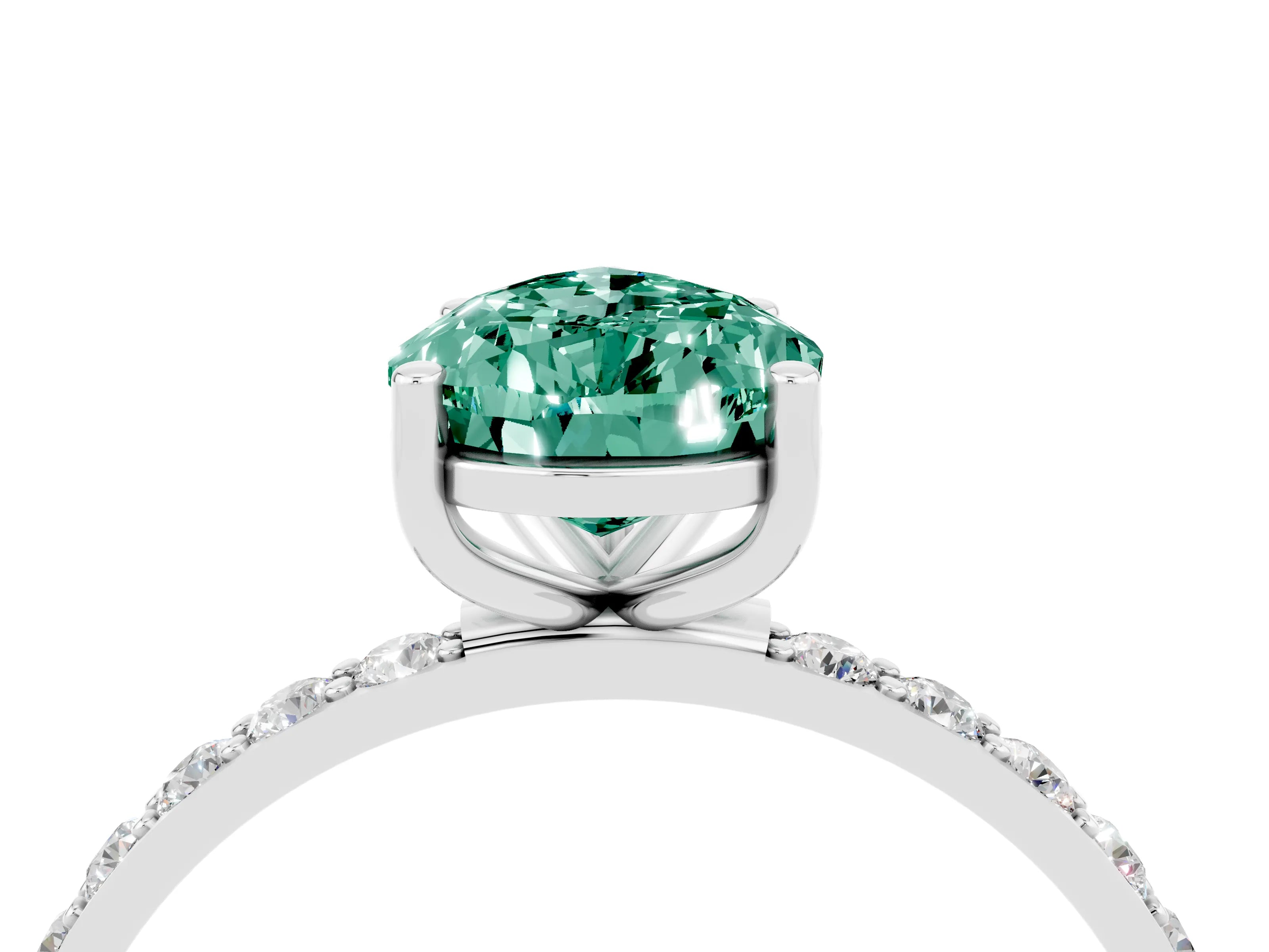 White gold Pear Cut Green Sapphire Solitaire Ring with Pave Band and Four Prong Setting_28