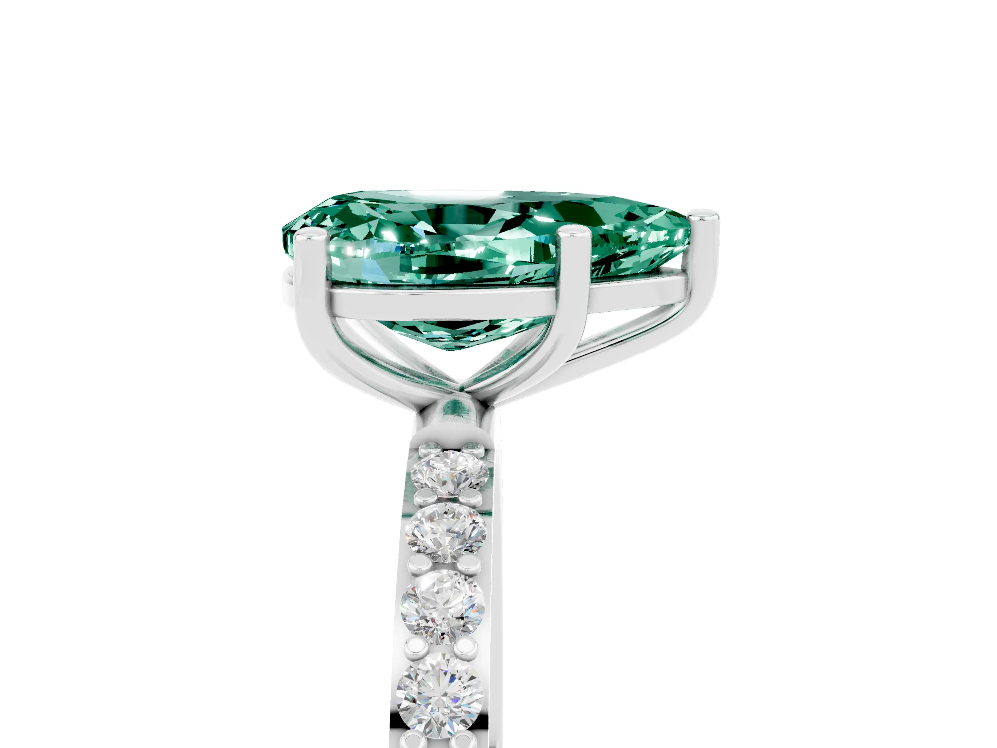 White gold Pear Cut Green Sapphire Solitaire Ring with Pave Band and Four Prong Setting_29