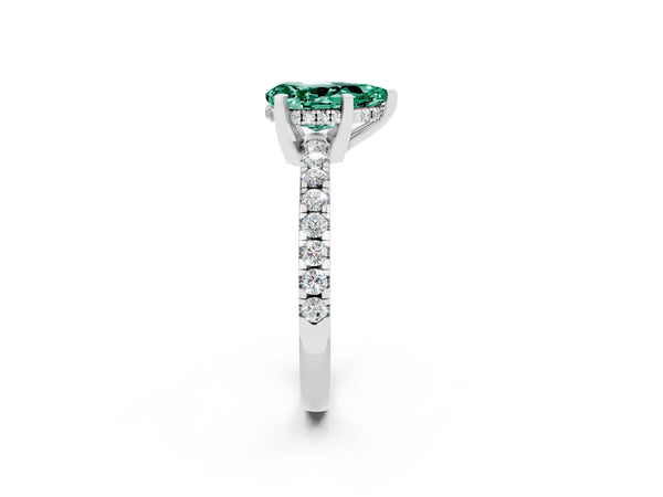 White gold Pear Cut Green Sapphire Solitaire Ring with Round Pavé Band and Four-Prong Setting