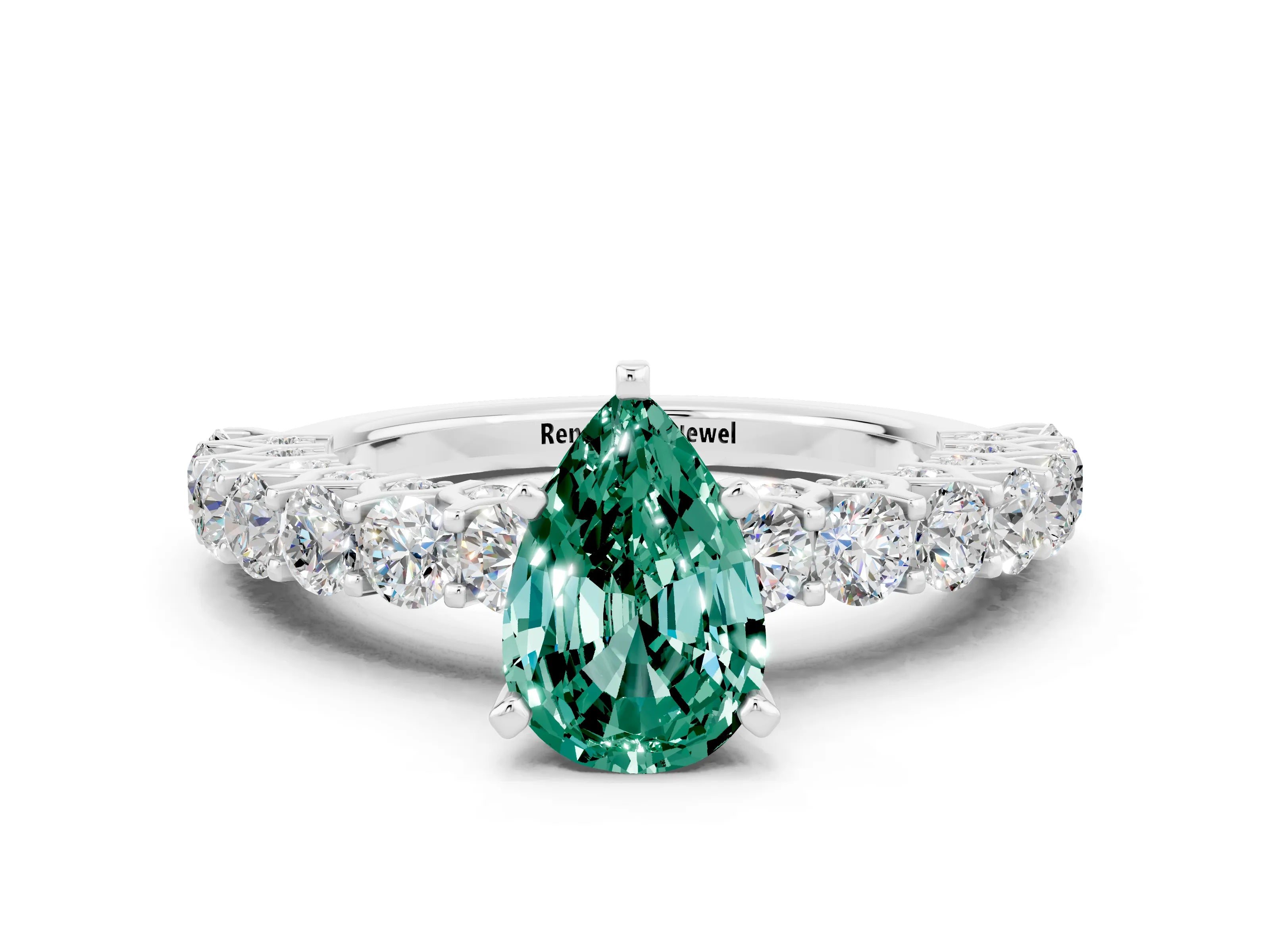 White gold Pear Cut Green Sapphire Solitaire Ring with Shared Prong Pavé Band and Four-Prong Setting