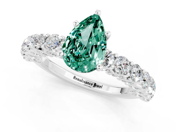 Silver Pear Cut Green Sapphire Solitaire Ring with Shared Prong Pavé Band and Four-Prong Setting