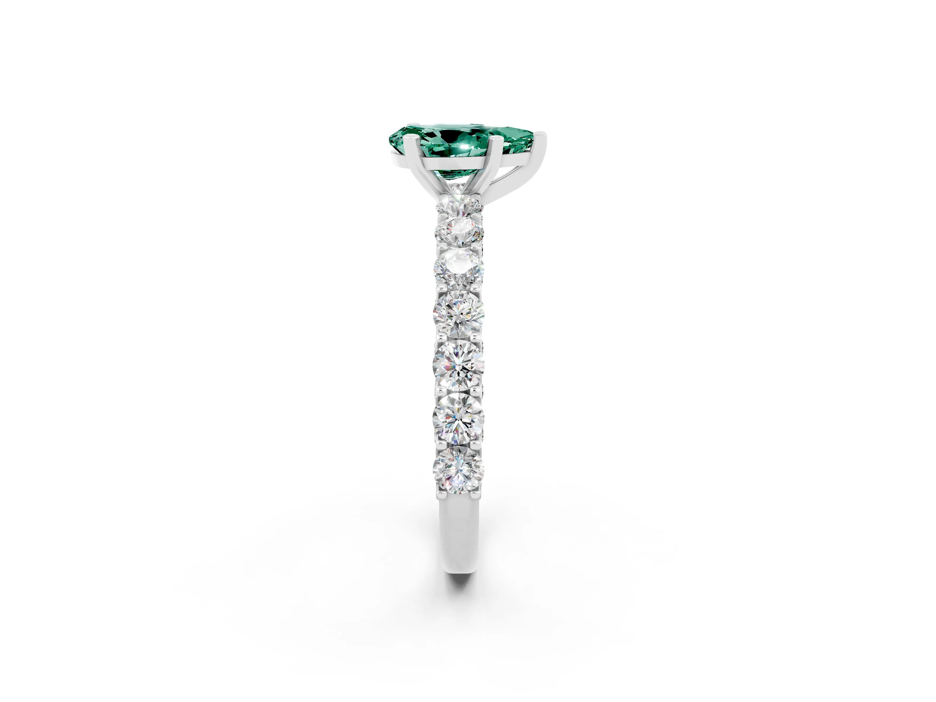 White gold Pear Cut Green Sapphire Solitaire Ring with Shared Prong Pavé Band and Four-Prong Setting_2