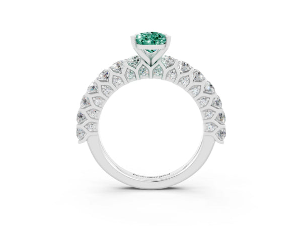 Platinum Pear Cut Green Sapphire Solitaire Ring with Shared Prong Pavé Band and Four-Prong Setting