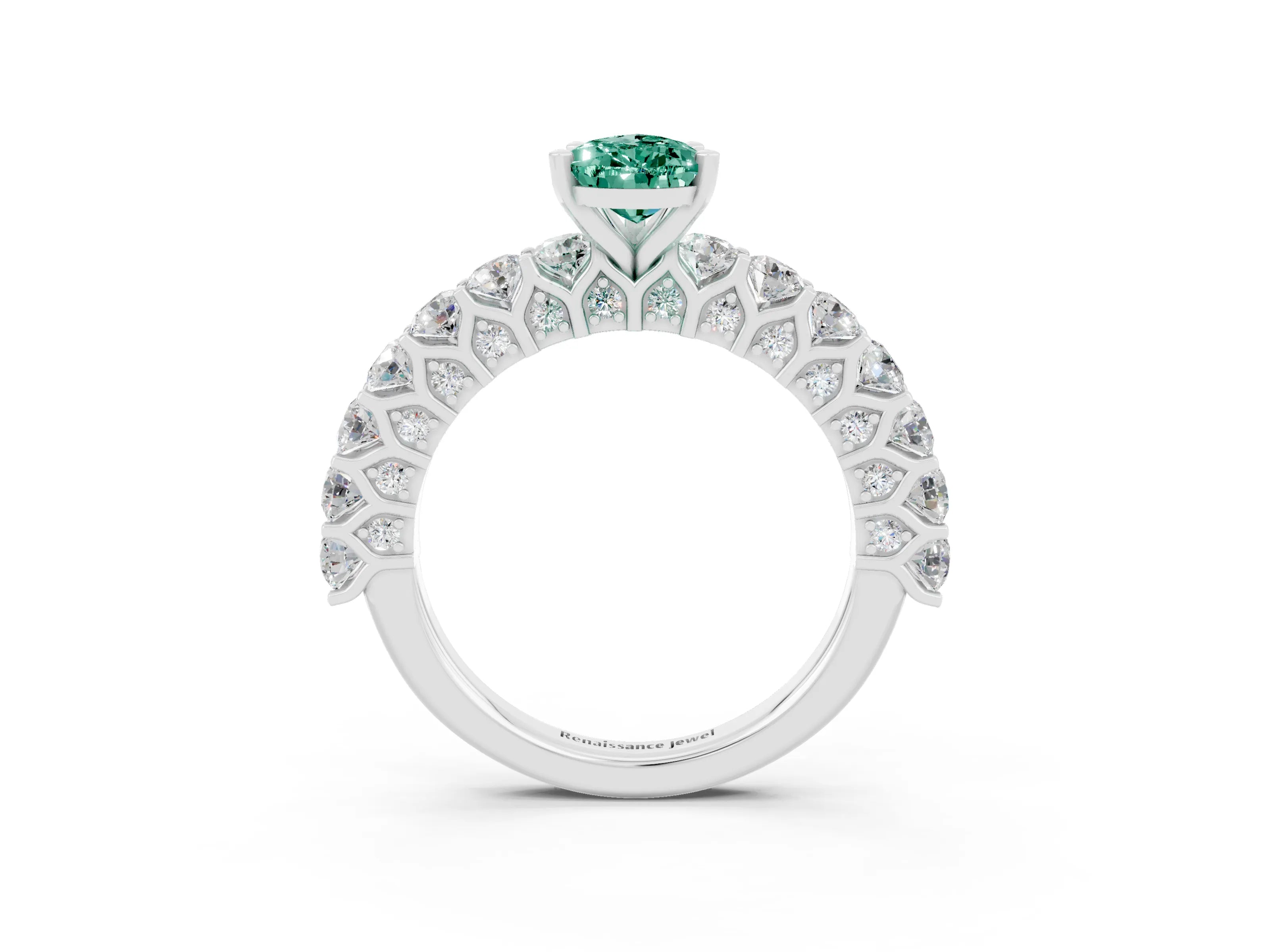 White gold Pear Cut Green Sapphire Solitaire Ring with Shared Prong Pavé Band and Four-Prong Setting_3