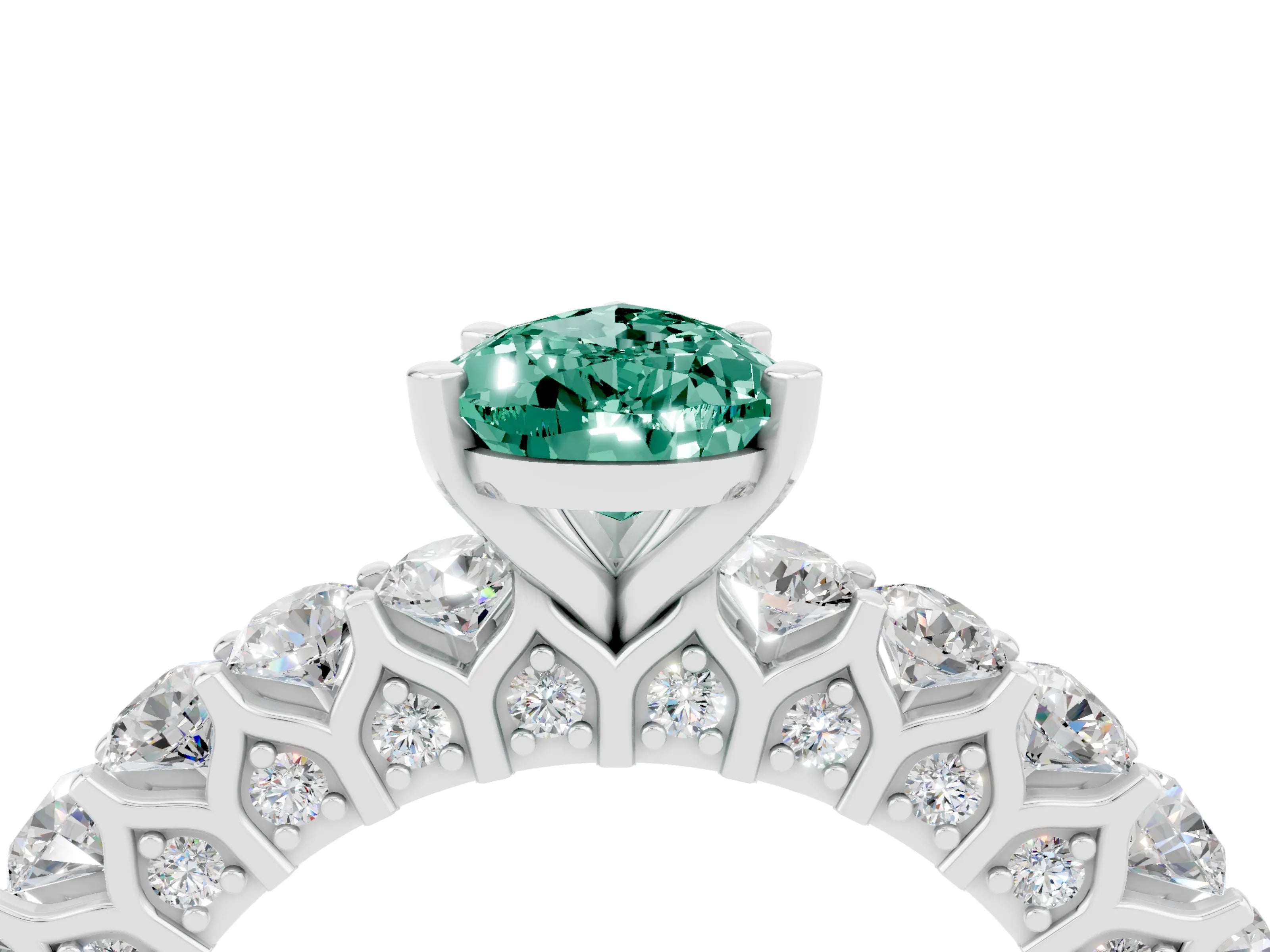White gold Pear Cut Green Sapphire Solitaire Ring with Shared Prong Pavé Band and Four-Prong Setting_4