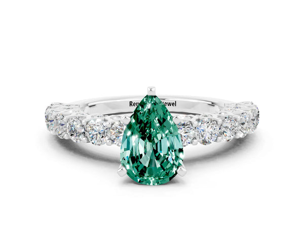 Silver Pear Cut Green Sapphire Solitaire Ring with Shared Prong Pavé Band and Four-Prong Setting