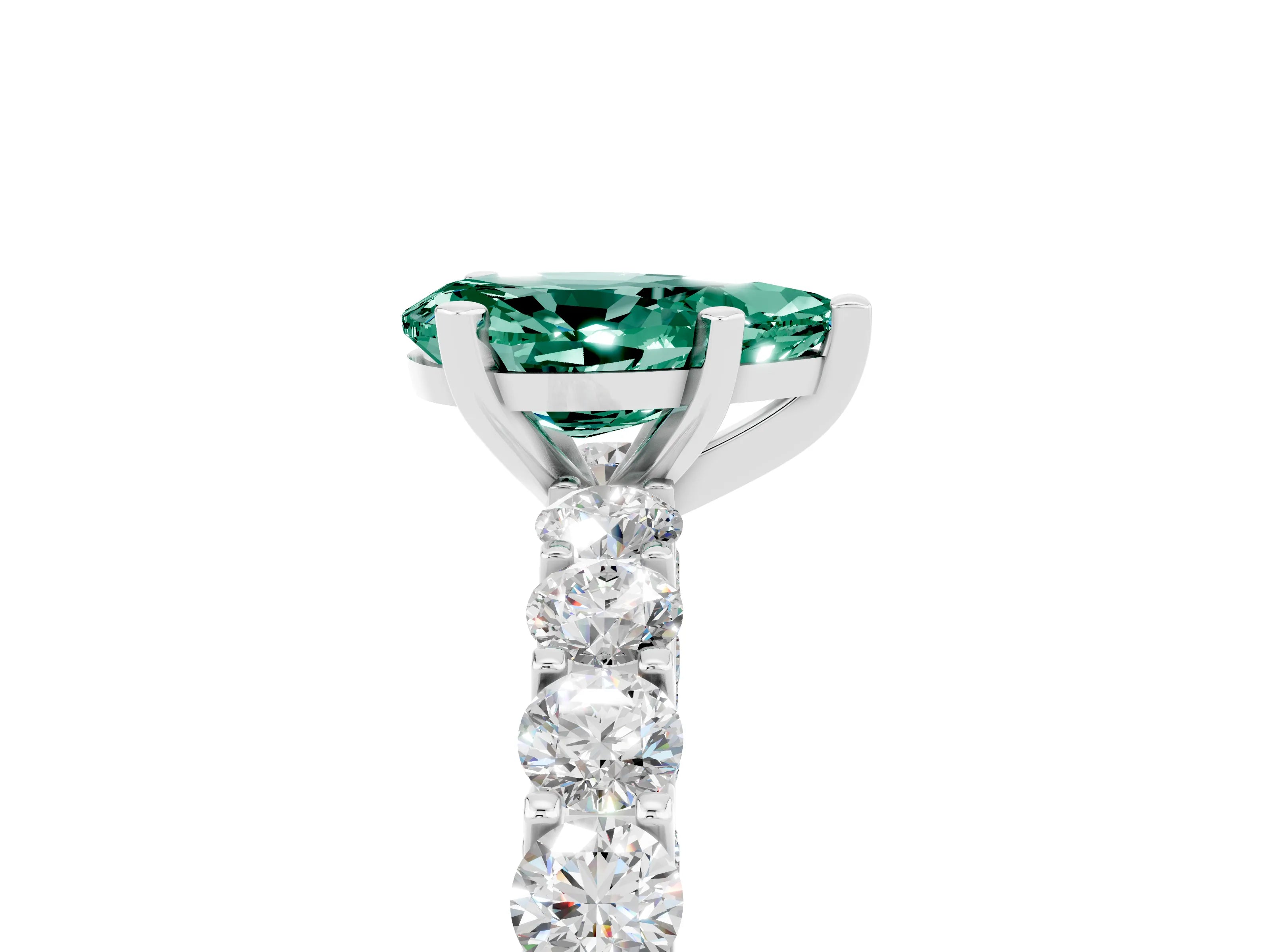 White gold Pear Cut Green Sapphire Solitaire Ring with Shared Prong Pavé Band and Four-Prong Setting_5