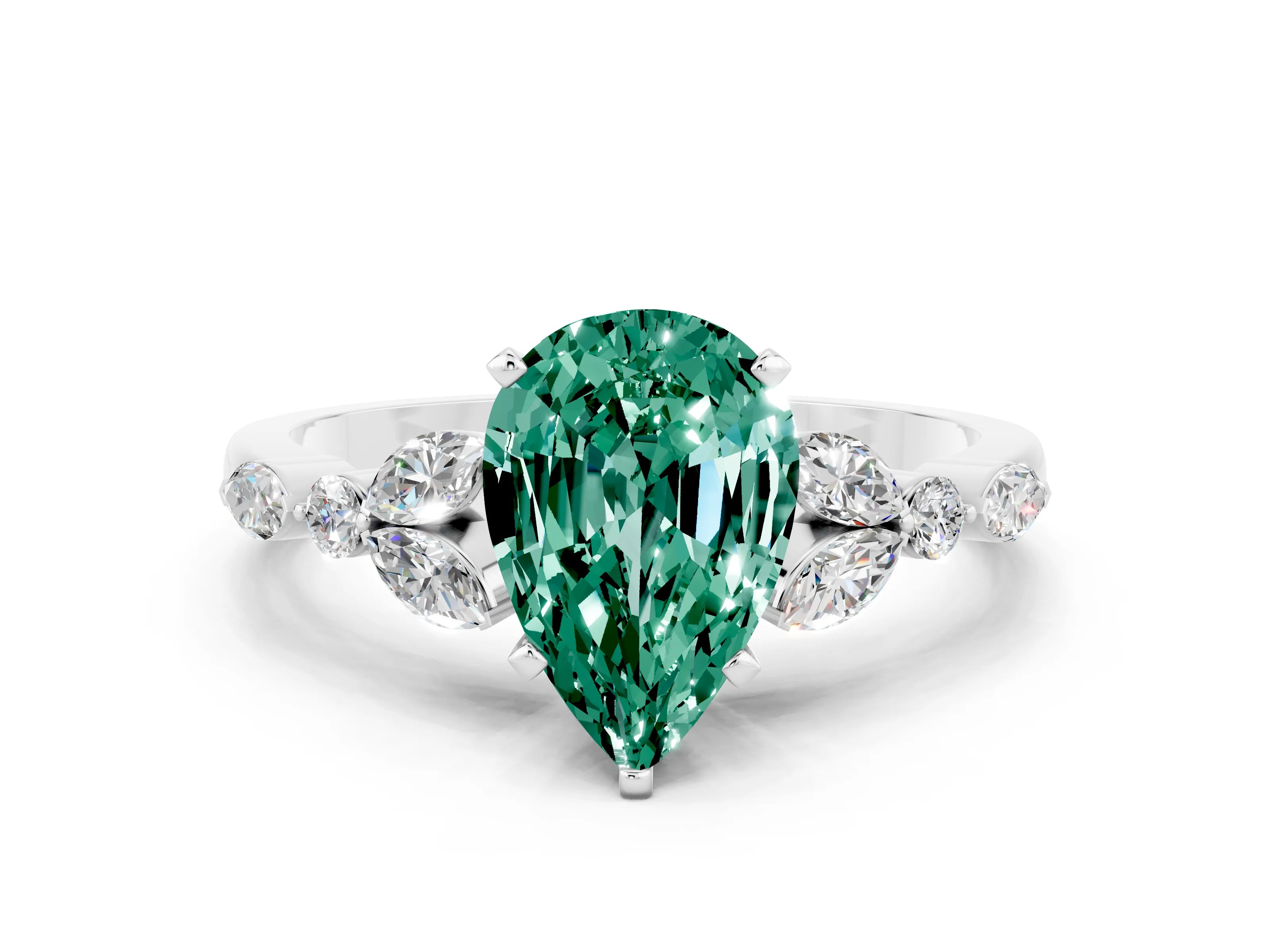 White gold Pear Cut Green Sapphire Solitaire Ring with Side Stones and Four-Prong Setting_24