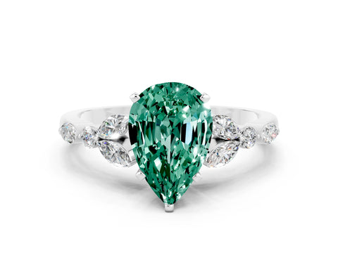White gold Pear Cut Green Sapphire Solitaire Ring with Side Stones and Four-Prong Setting_24