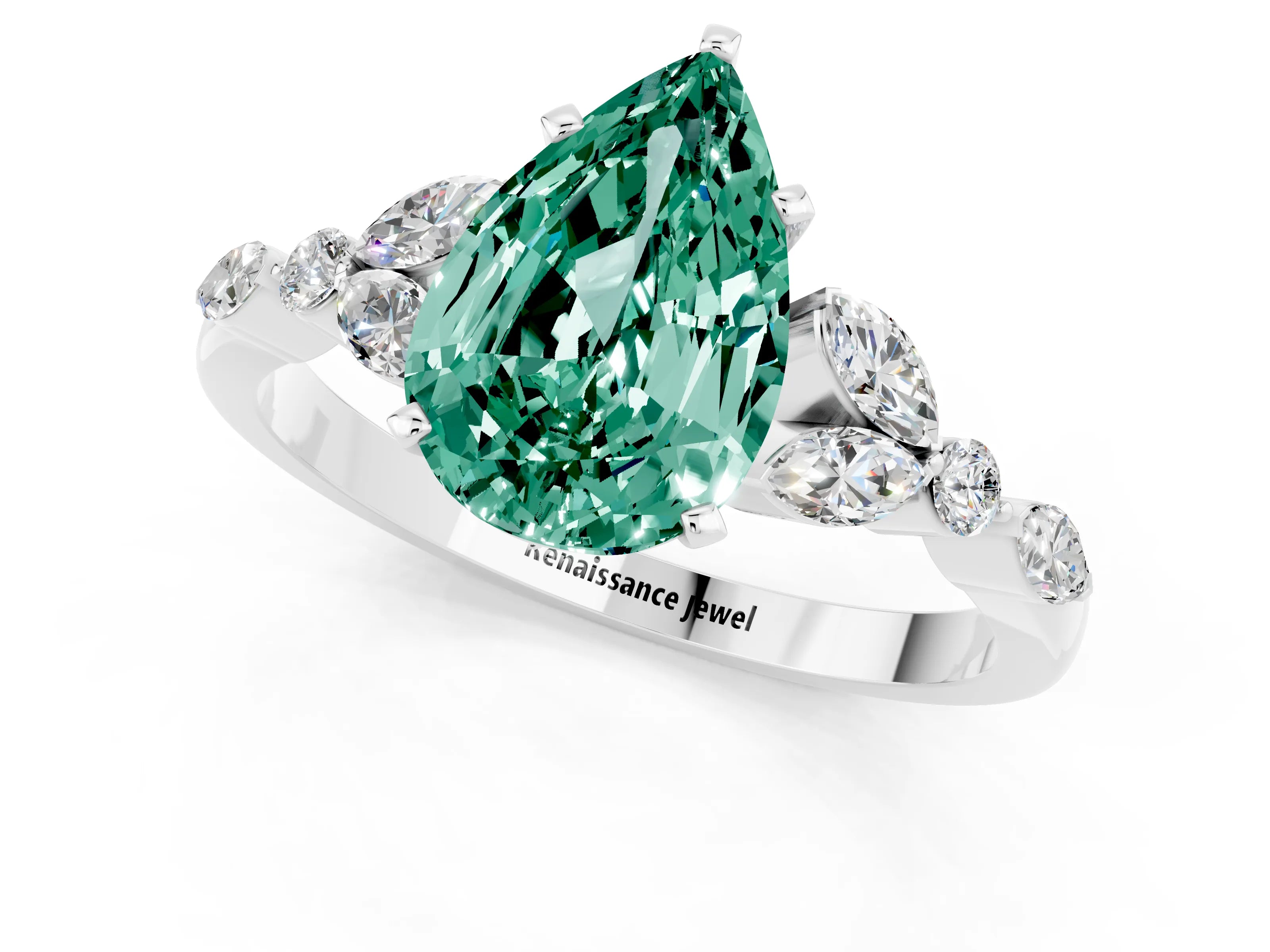 White gold Pear Cut Green Sapphire Solitaire Ring with Side Stones and Four-Prong Setting_25