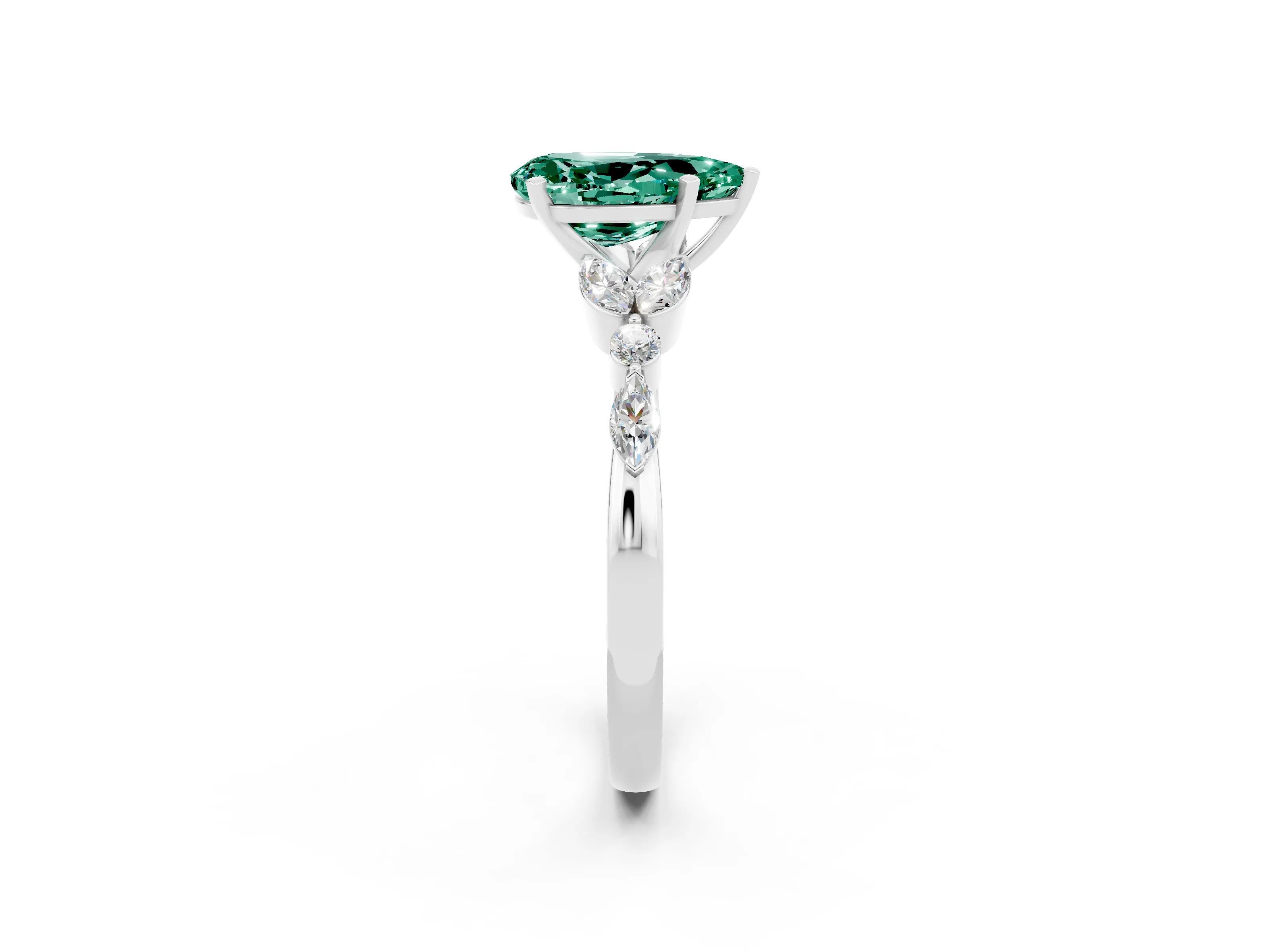 White gold Pear Cut Green Sapphire Solitaire Ring with Side Stones and Four-Prong Setting_26