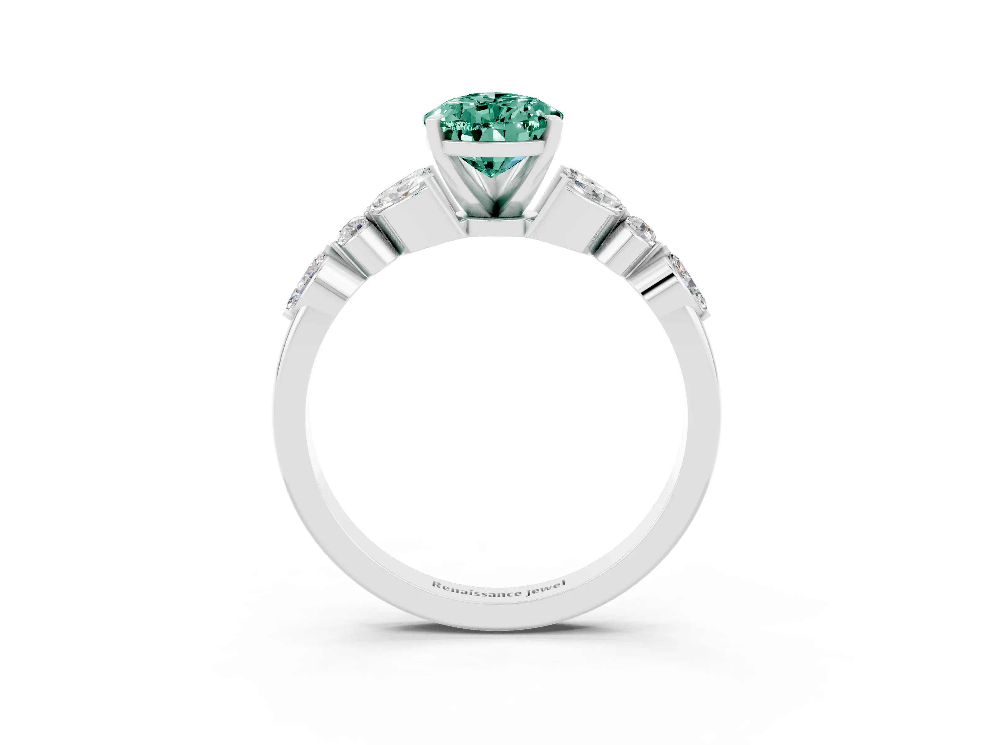White gold Pear Cut Green Sapphire Solitaire Ring with Side Stones and Four-Prong Setting_27
