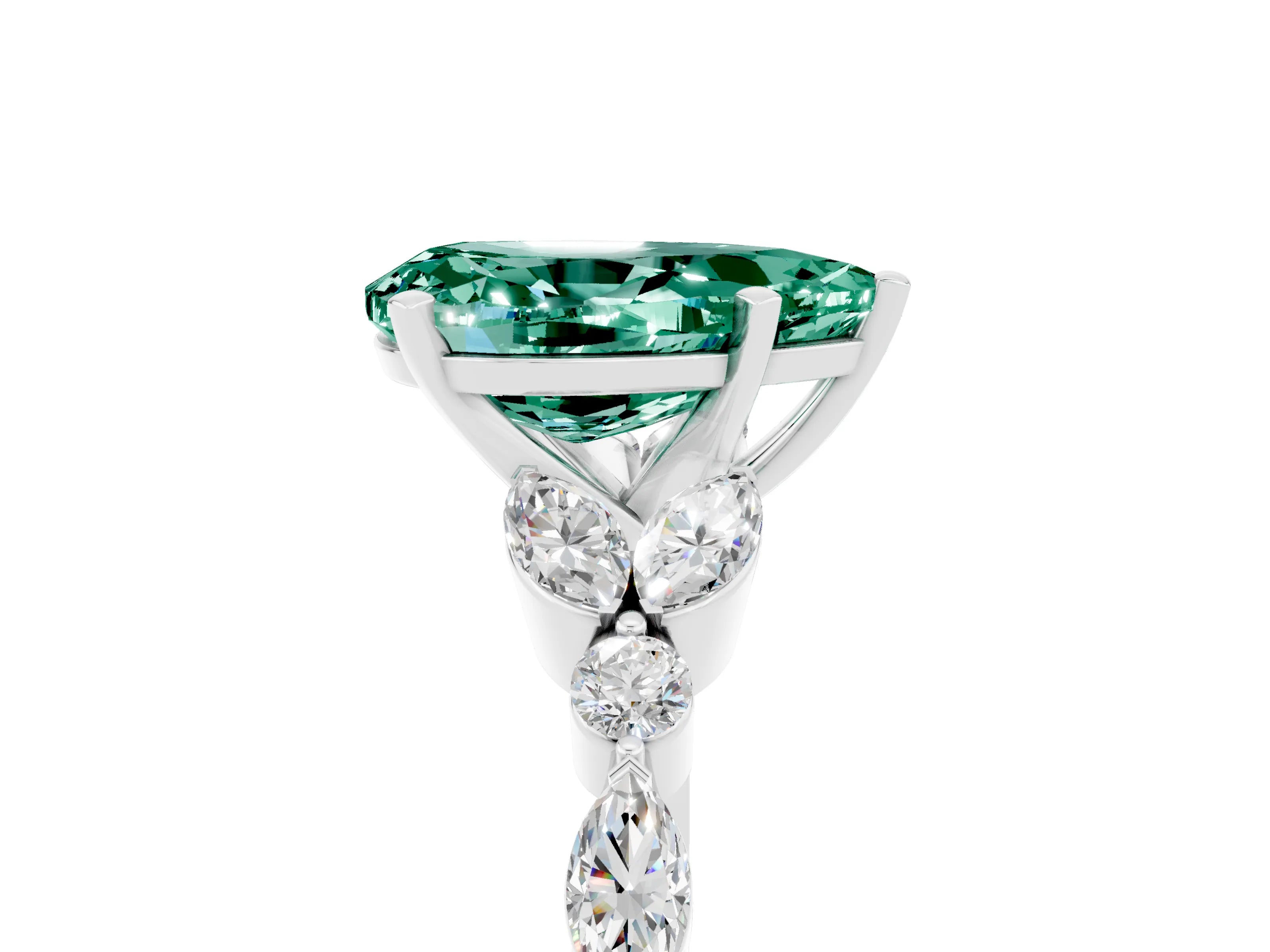 White gold Pear Cut Green Sapphire Solitaire Ring with Side Stones and Four-Prong Setting_29