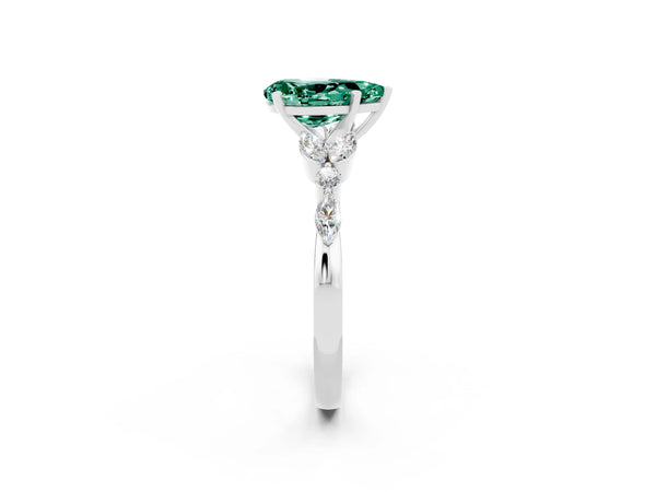 White gold Pear Cut Green Sapphire Solitaire Ring with Side Stones and Four-Prong Setting