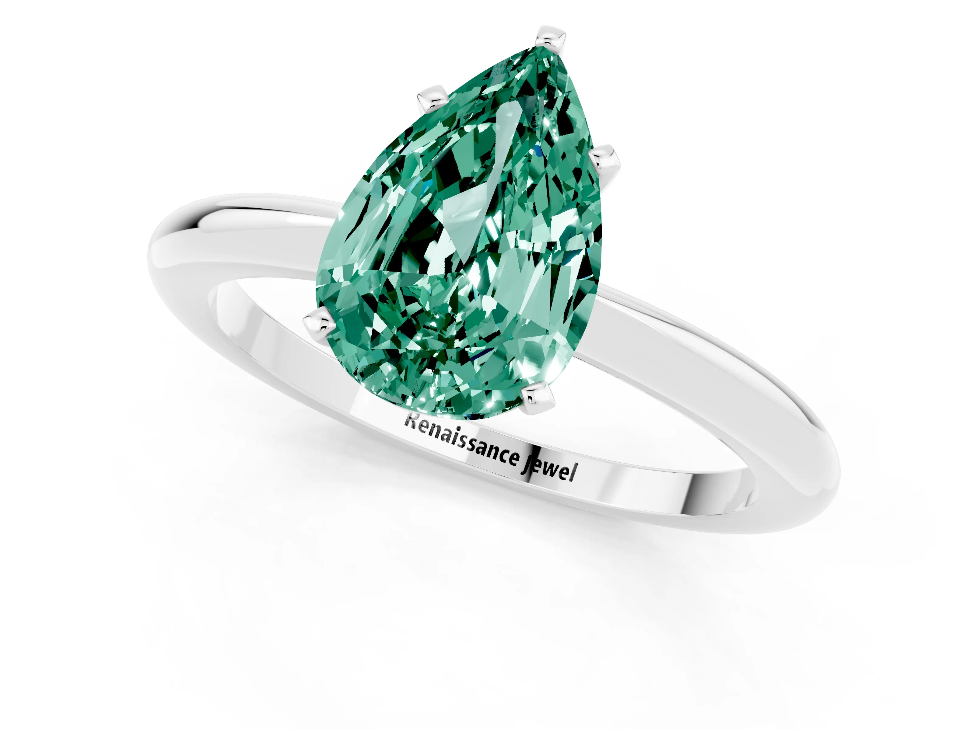 White gold Pear Cut Green Sapphire Solitaire Ring with Six-Prong Setting and Classic Band_1