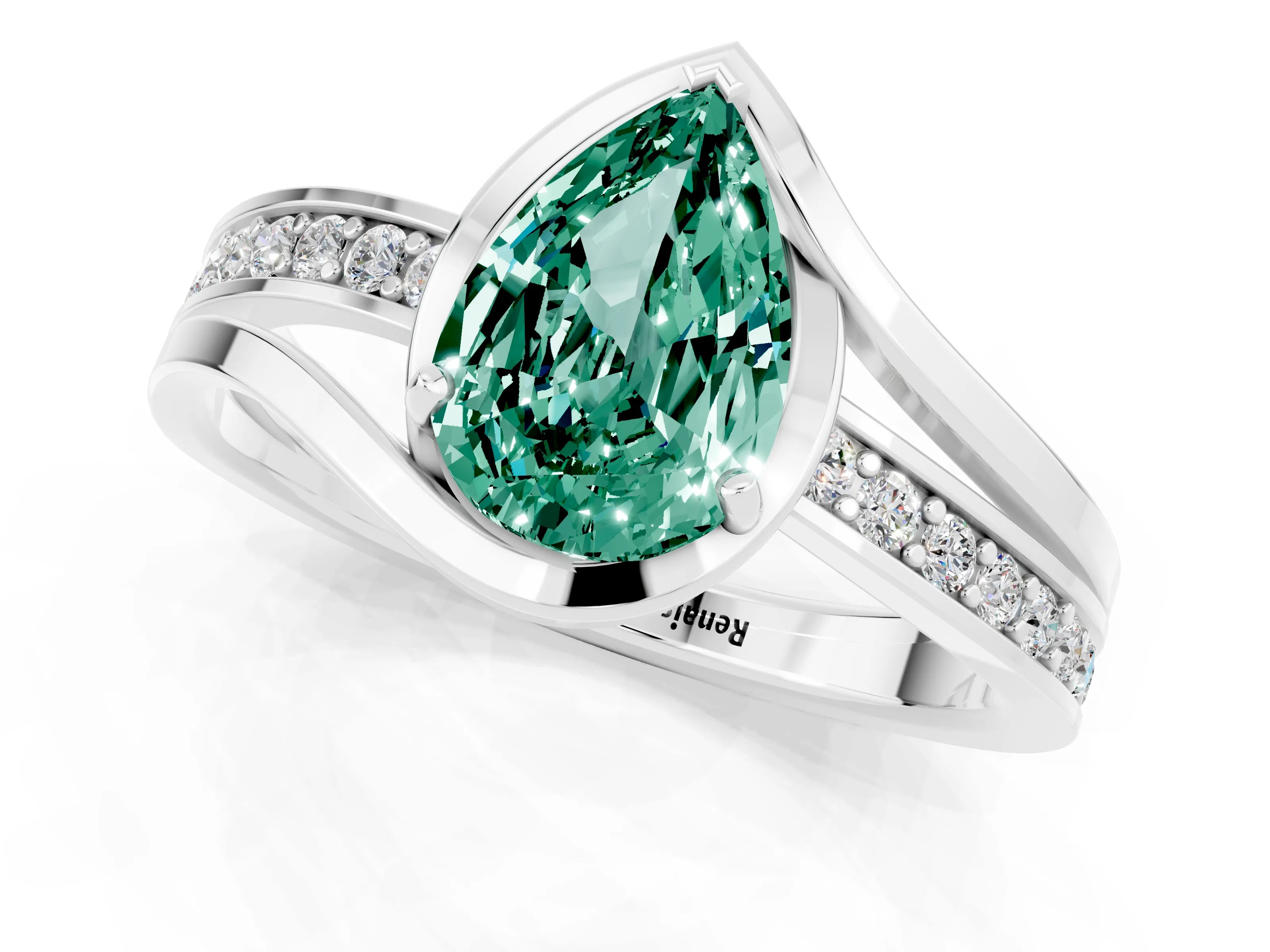 White gold Pear Cut Green Sapphire Solitaire Ring with Split Shank and Prong Setting_1