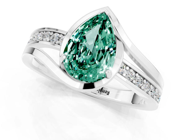 Silver Pear Cut Green Sapphire Solitaire Ring with Split Shank and Prong Setting