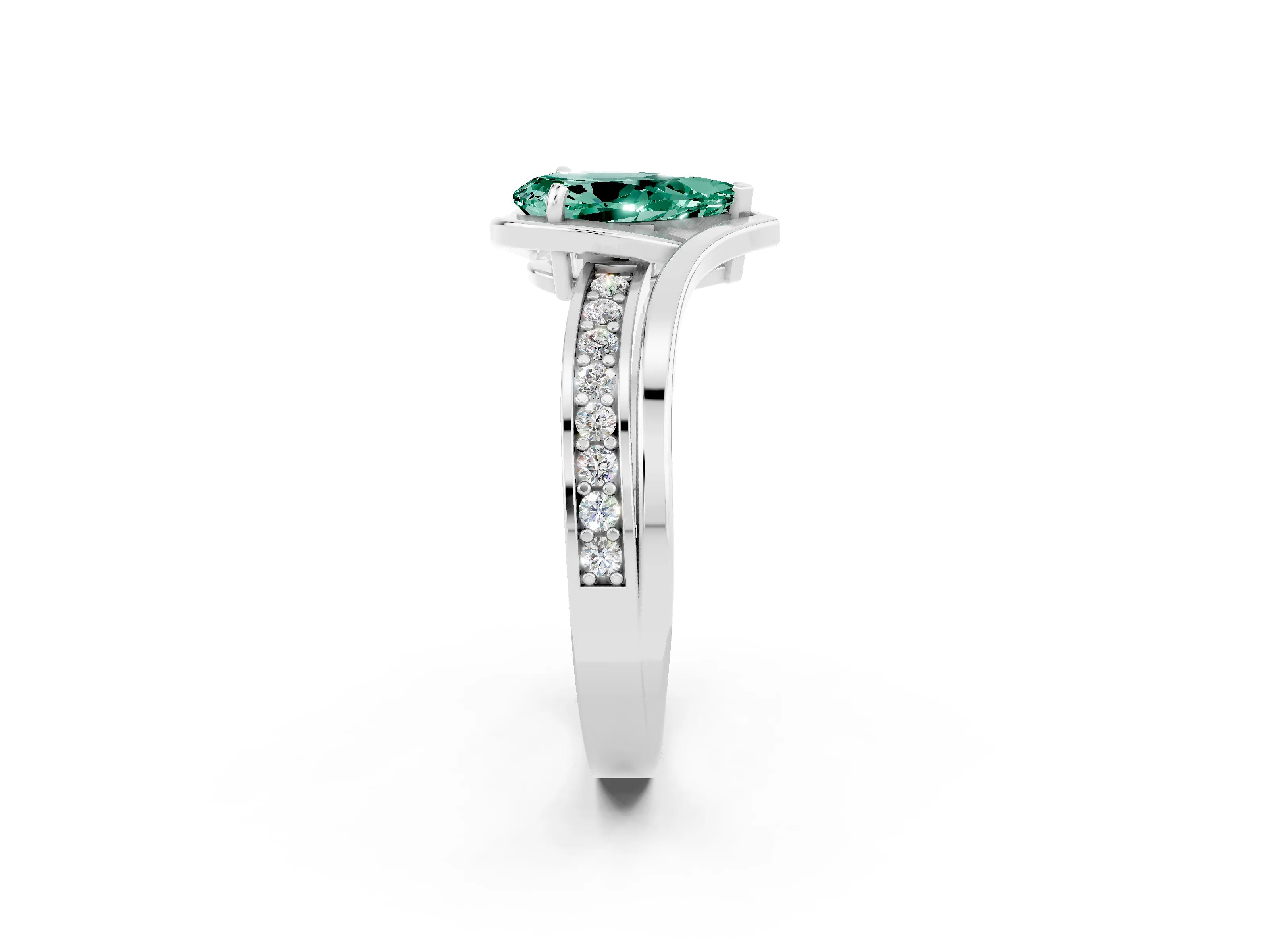 White gold Pear Cut Green Sapphire Solitaire Ring with Split Shank and Prong Setting_2