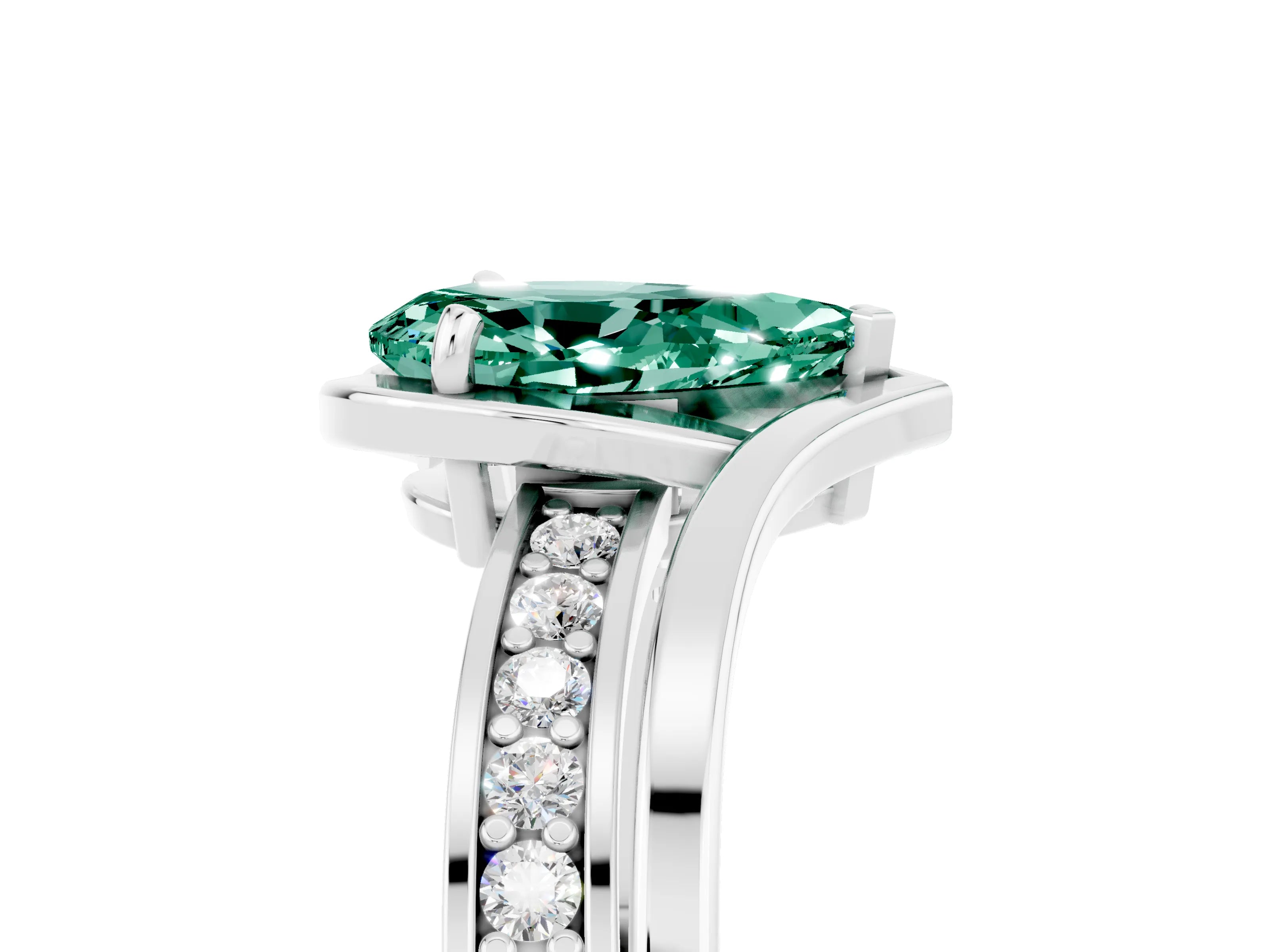 White gold Pear Cut Green Sapphire Solitaire Ring with Split Shank and Prong Setting_5