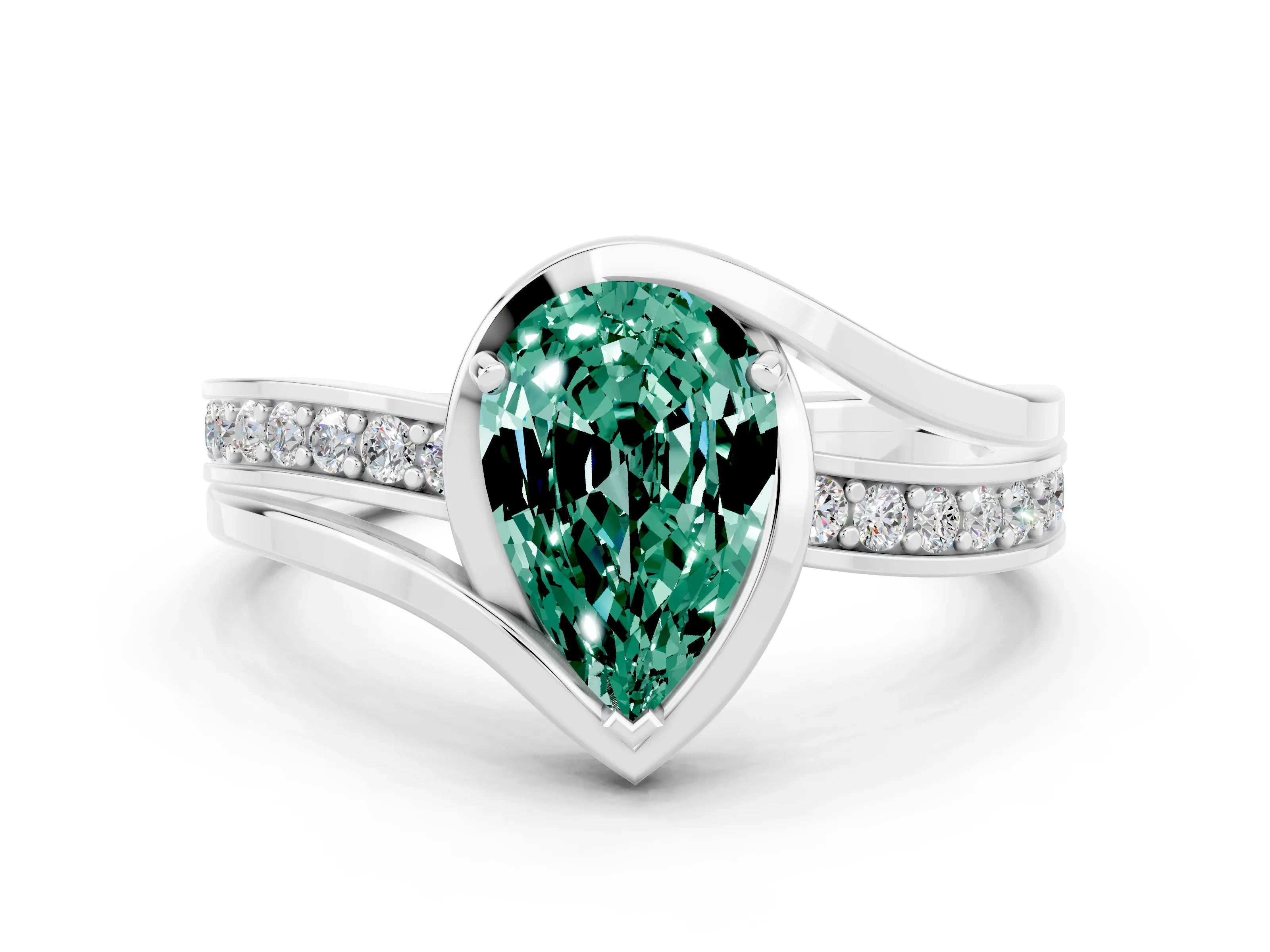 White gold Pear Cut Green Sapphire Solitaire Ring with Split Shank and Prong Setting