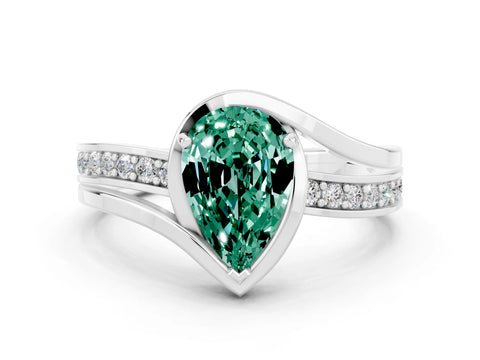 White gold Pear Cut Green Sapphire Solitaire Ring with Split Shank and Prong Setting