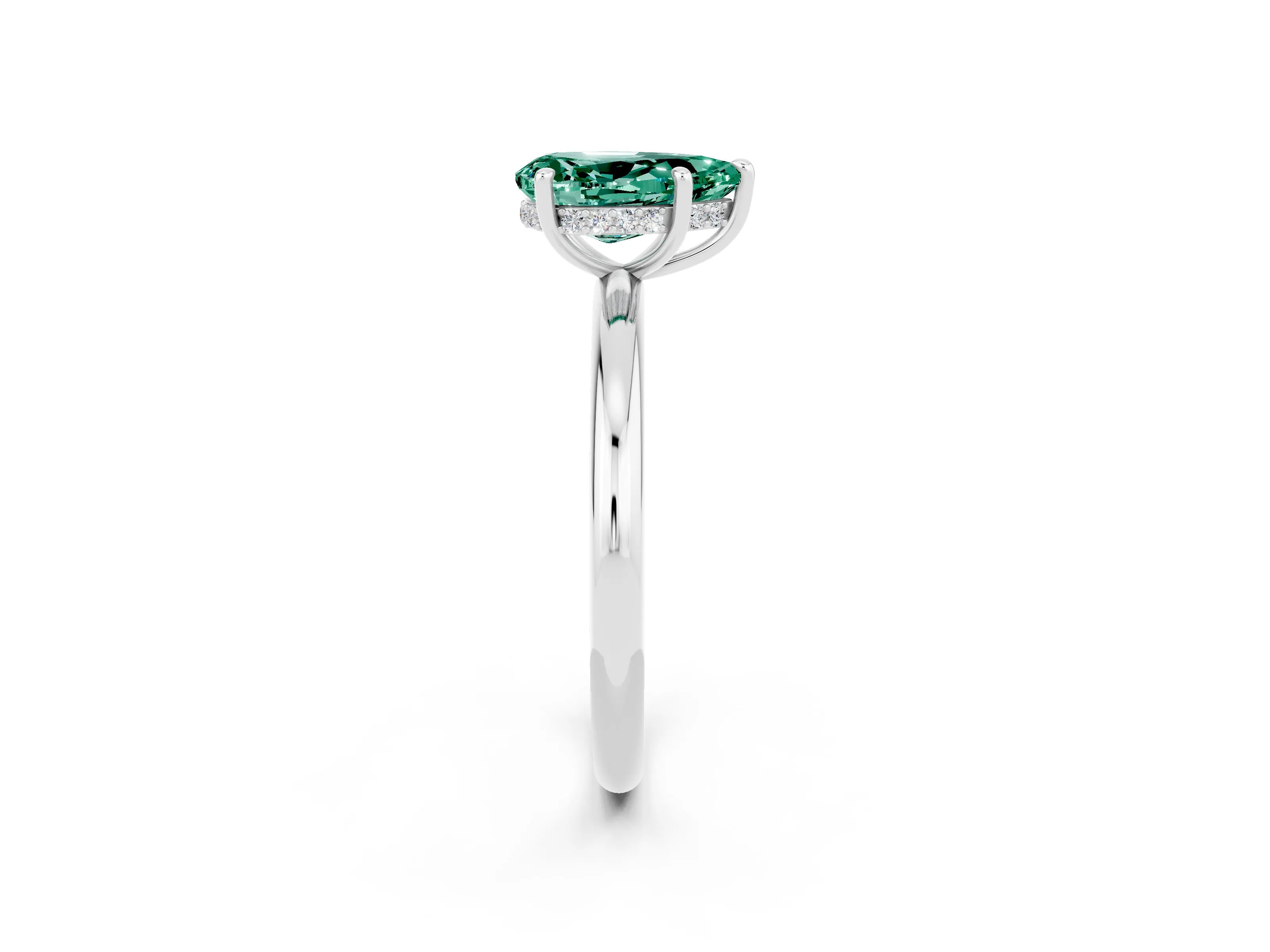 White gold Pear Cut Green Sapphire Solitaire Ring with Thin Band and Four-Prong Setting_14