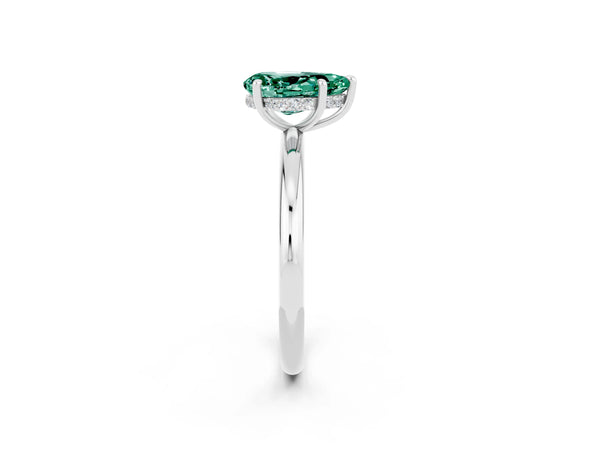 Silver Pear Cut Green Sapphire Solitaire Ring with Thin Band and Four-Prong Setting