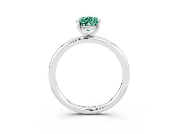 Silver Pear Cut Green Sapphire Solitaire Ring with Thin Band and Four-Prong Setting