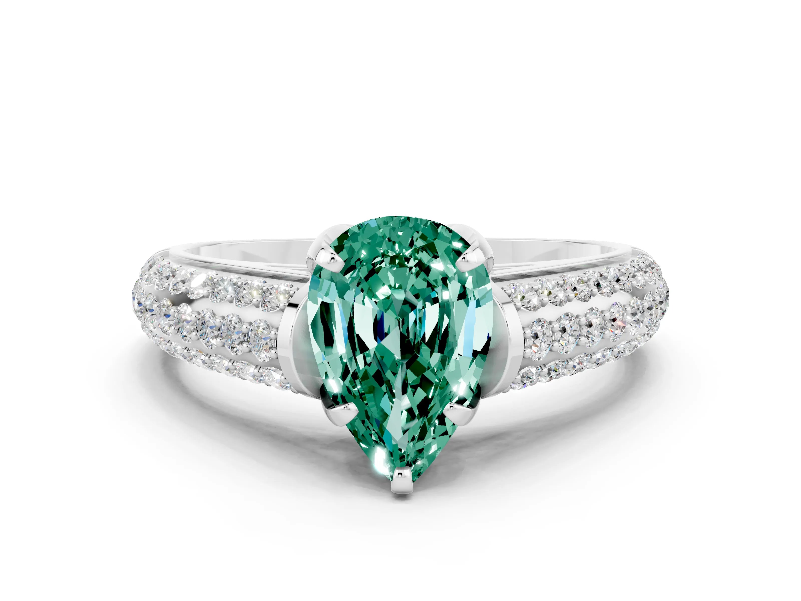 White gold Pear Cut Green Sapphire Solitaire Ring with Three-Row Pavé Band and Four-Prong Setting_12