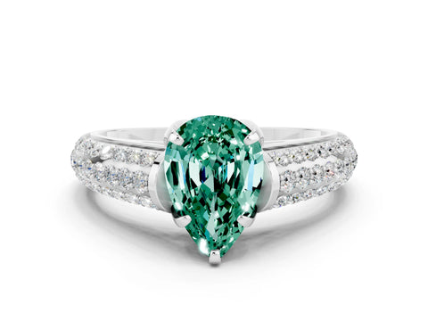 White gold Pear Cut Green Sapphire Solitaire Ring with Three-Row Pavé Band and Four-Prong Setting_12