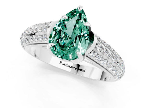 Silver Pear Cut Green Sapphire Solitaire Ring with Three-Row Pavé Band and Four-Prong Setting