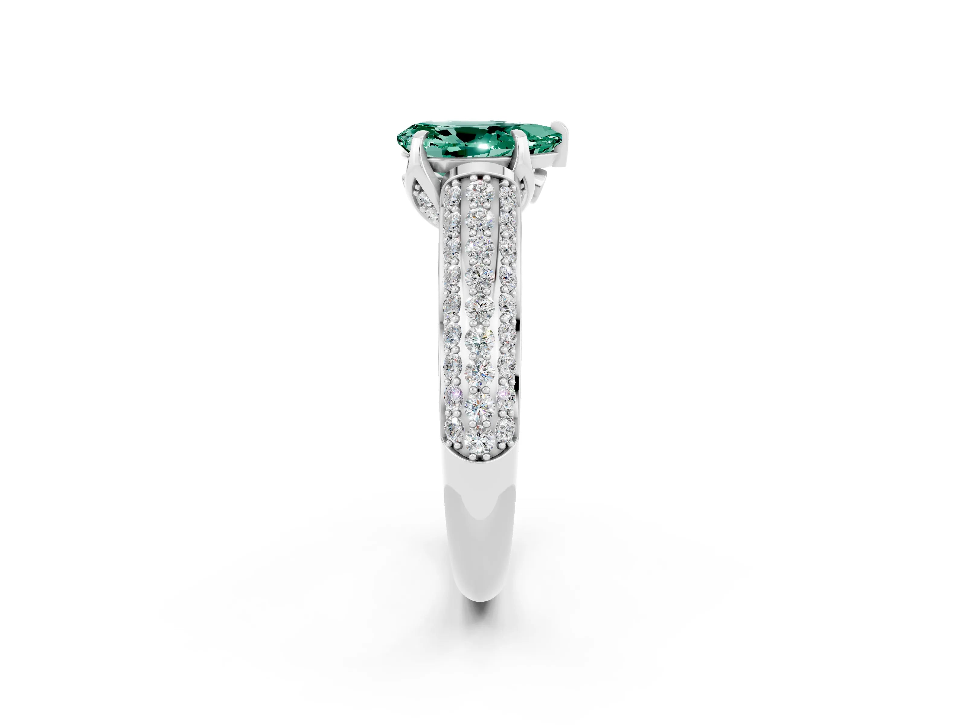 White gold Pear Cut Green Sapphire Solitaire Ring with Three-Row Pavé Band and Four-Prong Setting_14