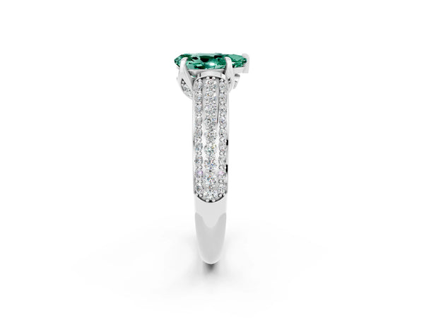 Silver Pear Cut Green Sapphire Solitaire Ring with Three-Row Pavé Band and Four-Prong Setting