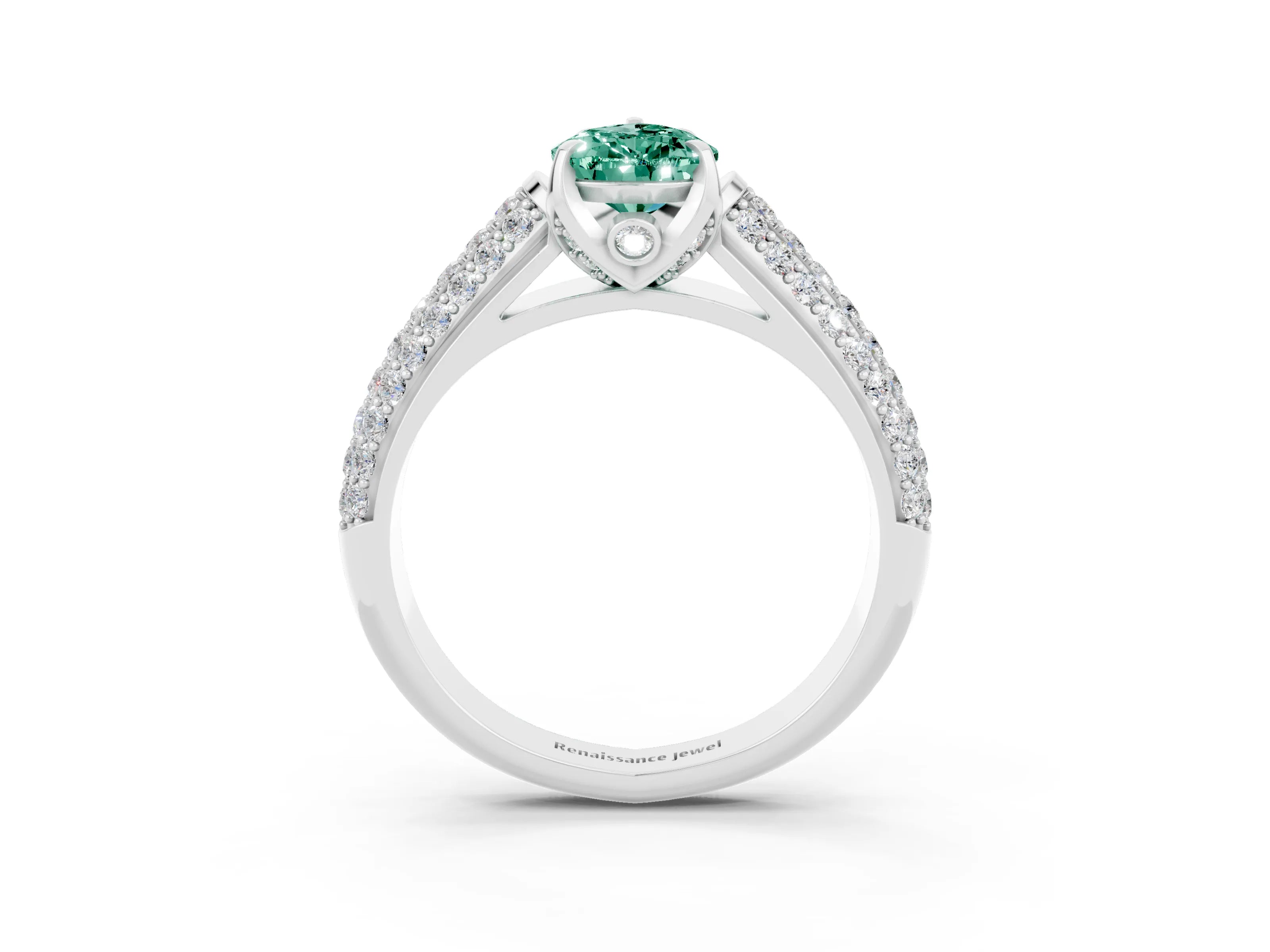 White gold Pear Cut Green Sapphire Solitaire Ring with Three-Row Pavé Band and Four-Prong Setting_15